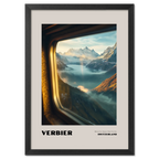 Verbier - Where the Slopes Meet the Sky - Poster showcasing serene alpine landscape through a train window.