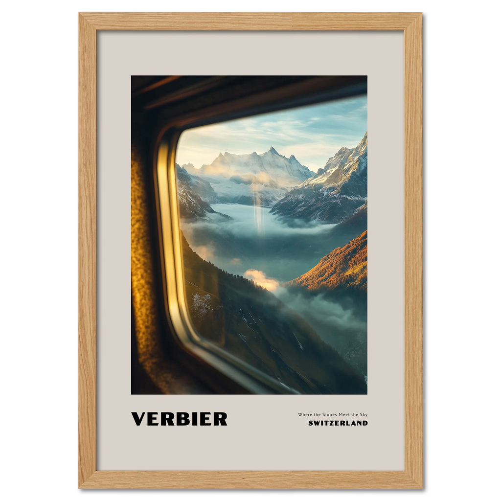 Verbier - Where the Slopes Meet the Sky - Poster showcasing a serene alpine landscape through a train window.