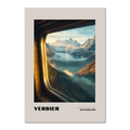Verbier - Where the Slopes Meet the Sky - Poster showing a serene alpine view from a train window in Switzerland.