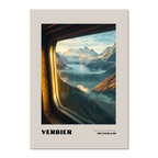 Verbier - Where the Slopes Meet the Sky - Poster showing a serene alpine view from a train window in Switzerland.