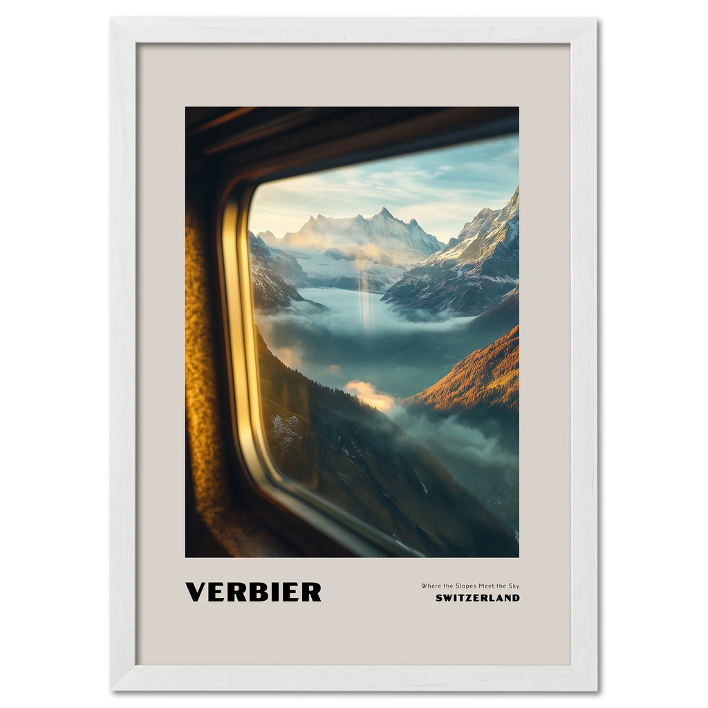 Verbier - Where the Slopes Meet the Sky - Poster showcasing a tranquil alpine view through a train window.