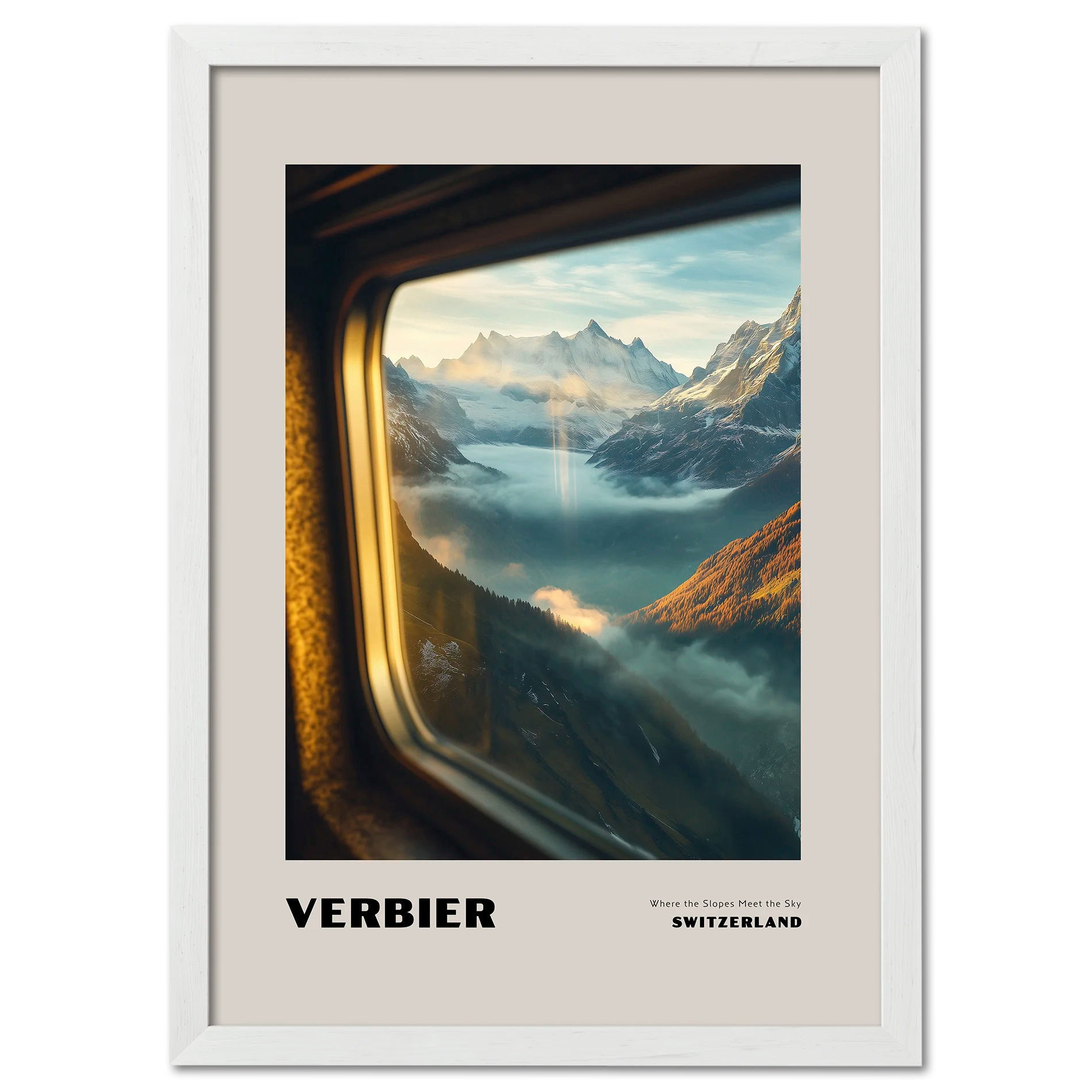 Verbier - Where the Slopes Meet the Sky - Poster showcasing a tranquil alpine view through a train window.