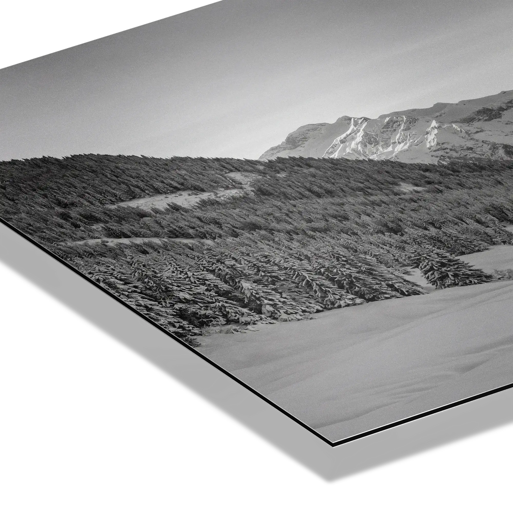 Winter Valley in the Alps – Alu-Dibond wall art showing a snow-covered alpine valley and textured landscape.