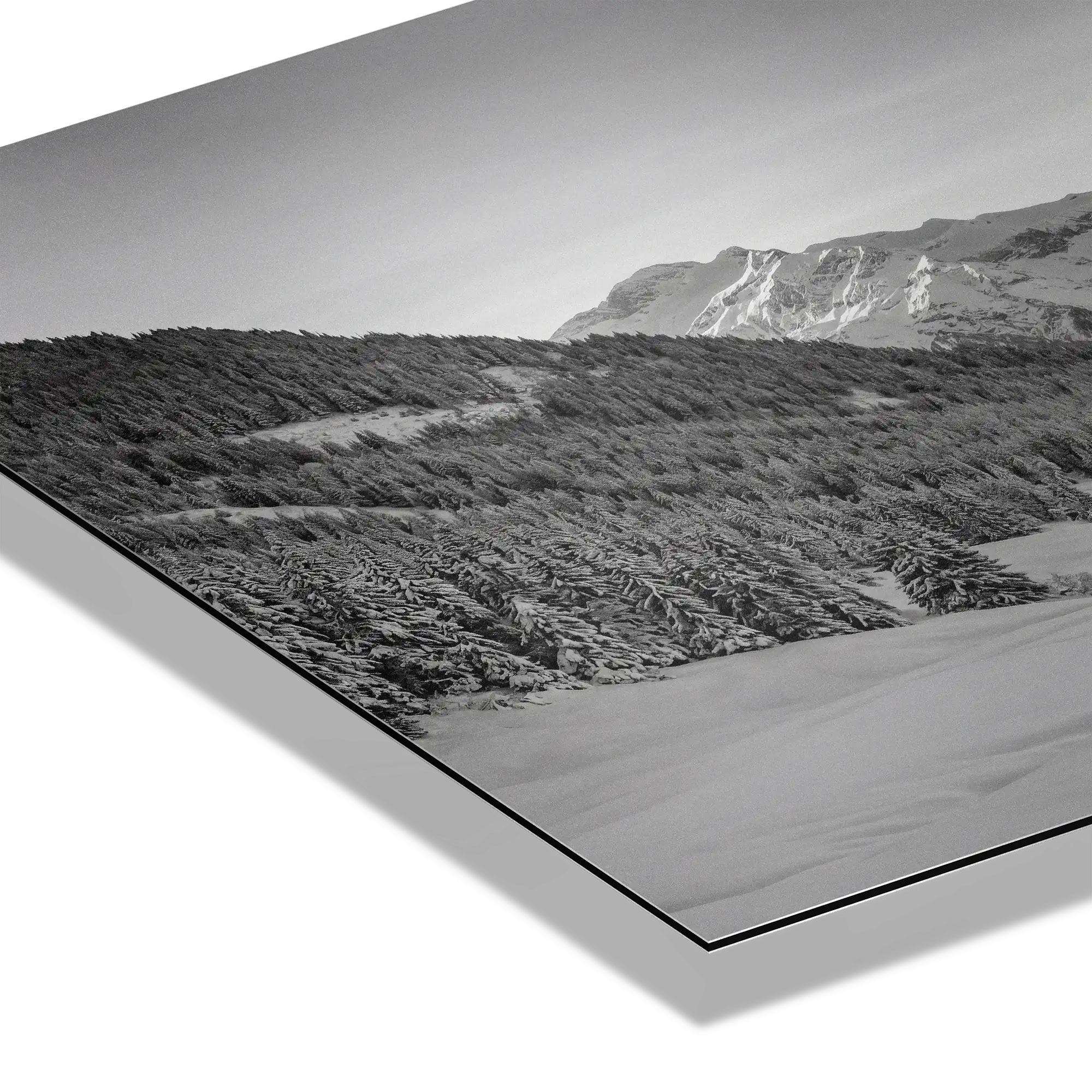 Winter Valley in the Alps – Alu-Dibond wall art showing a snow-covered alpine valley and textured landscape.