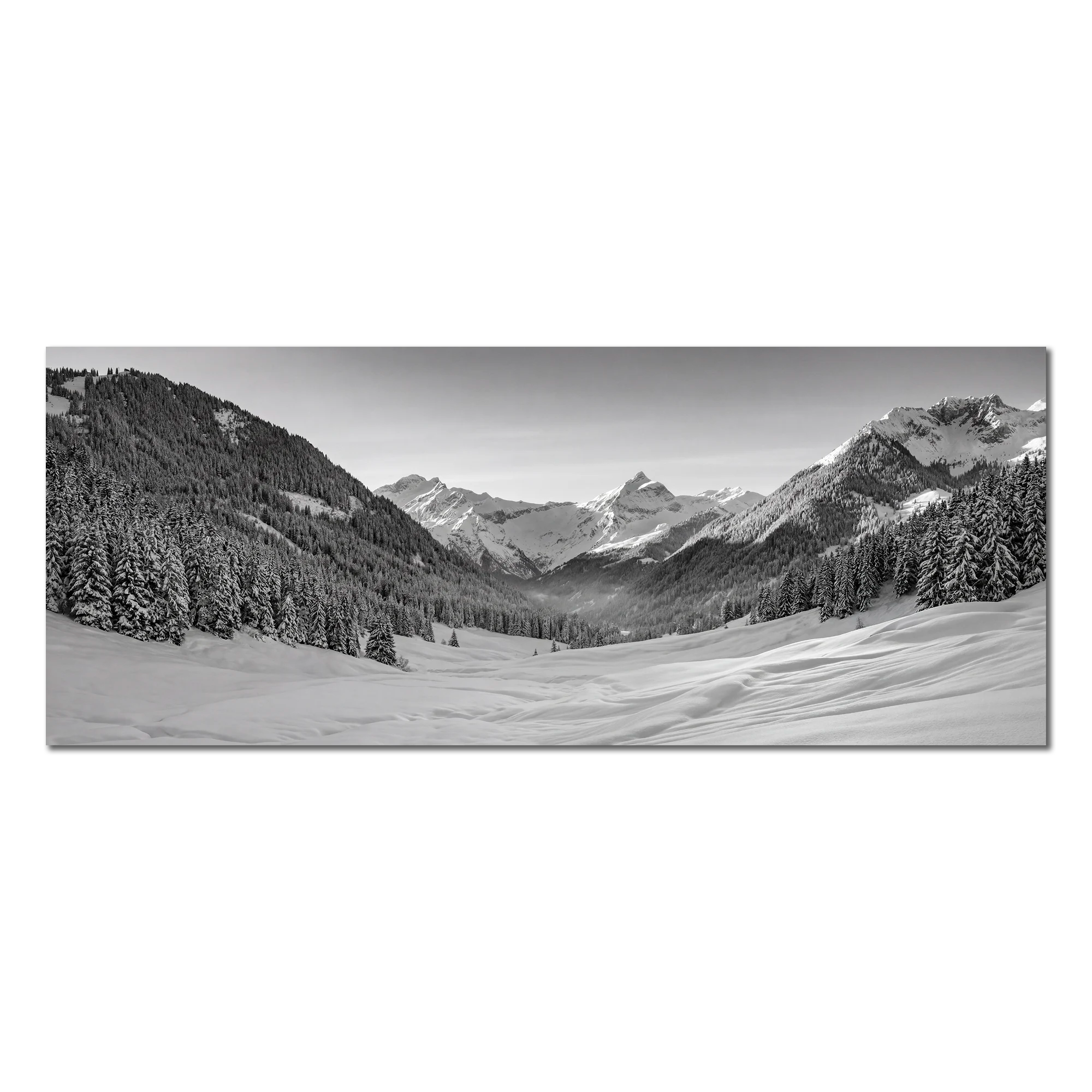 Winter Valley in the Alps – Alu-Dibond wall art capturing a snow-covered alpine valley in Gstaad.