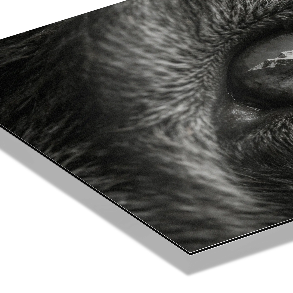 Wolf Eye Reflection – Alu-Dibond wall art, detailed close-up of wolf's eye with mountain reflection.