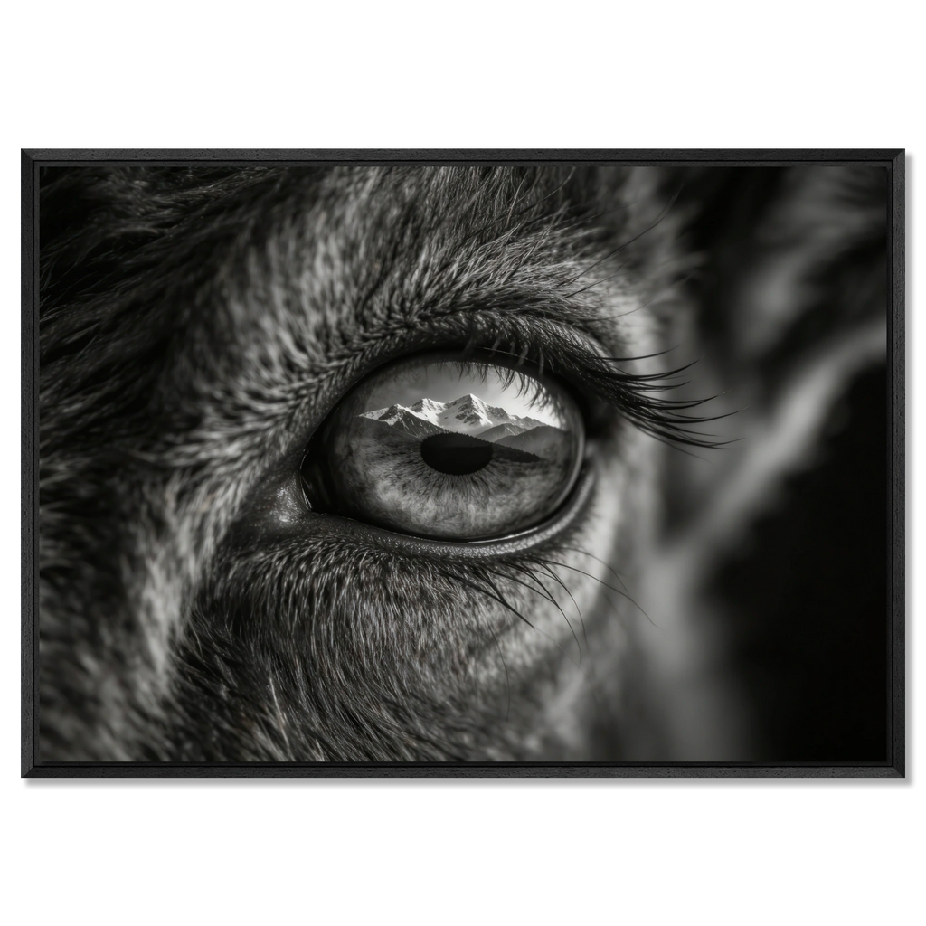 Wolf Eye Reflection – Alu-Dibond wall art featuring a close-up of a wolf's eye with mountains reflected.