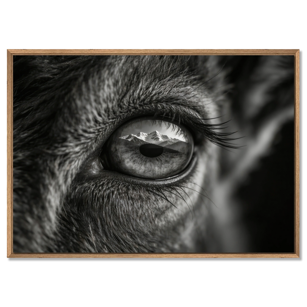 Wolf Eye Reflection – Alu-Dibond wall art featuring a close-up of a wolf's eye with mountains reflected.