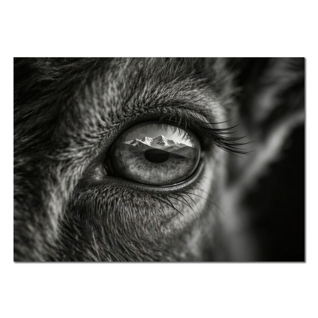 Wolf Eye Reflection – Alu-Dibond wall art showcasing a detailed wolf's eye with mountains in reflection.