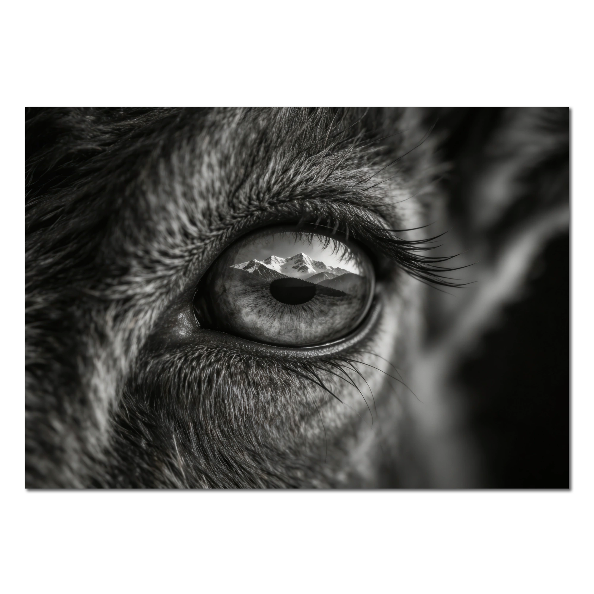 Wolf Eye Reflection – Alu-Dibond wall art showcasing a detailed wolf's eye with mountains in reflection.