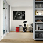 Wolf Eye Reflection – Alu-Dibond wall art showcased in a modern living room interior.
