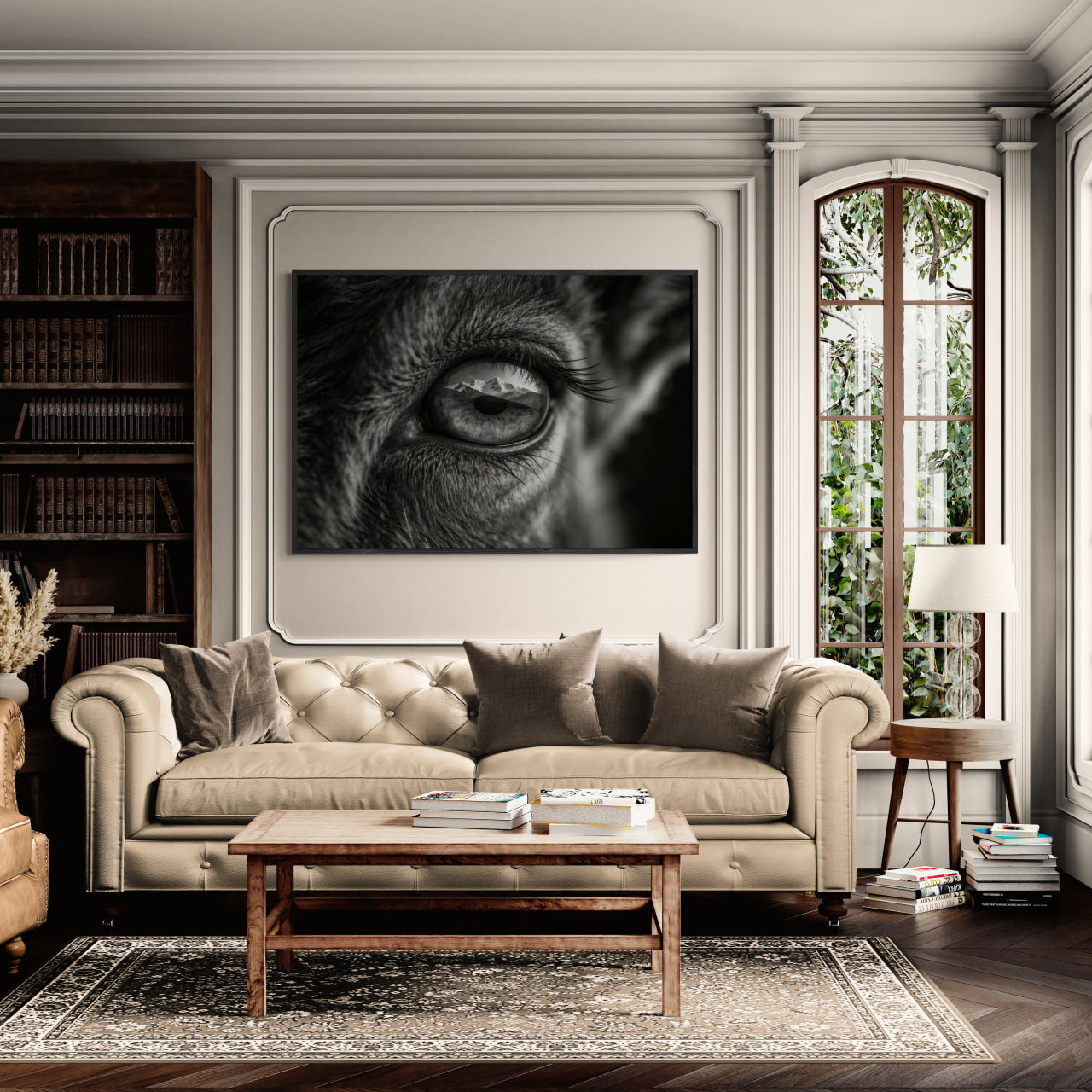 Wolf Eye Reflection – Alu-Dibond wall art displayed above a beige sofa in a bright living room.