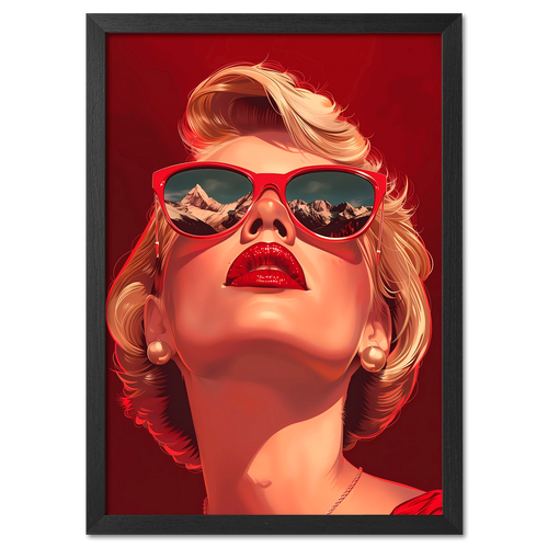 Alpine Glamour - Poster featuring a woman in red sunglasses with mountain reflections, showcasing modern style and adventure.