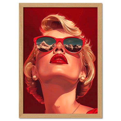 Alpine Glamour - Poster featuring a woman in red sunglasses with snowy mountains reflected in the lenses.