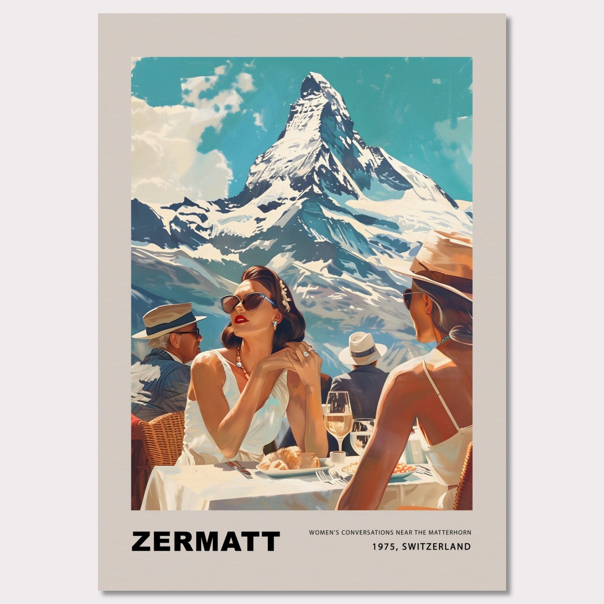 This poster showcases an elegant and nostalgic scene set in Zermatt, Switzerland, against the breathtaking backdrop of the Matterhorn. The image captures a sophisticated moment of leisure, where well-dressed individuals enjoy a luxurious outdoor meal, embodying the glamour of 1975.