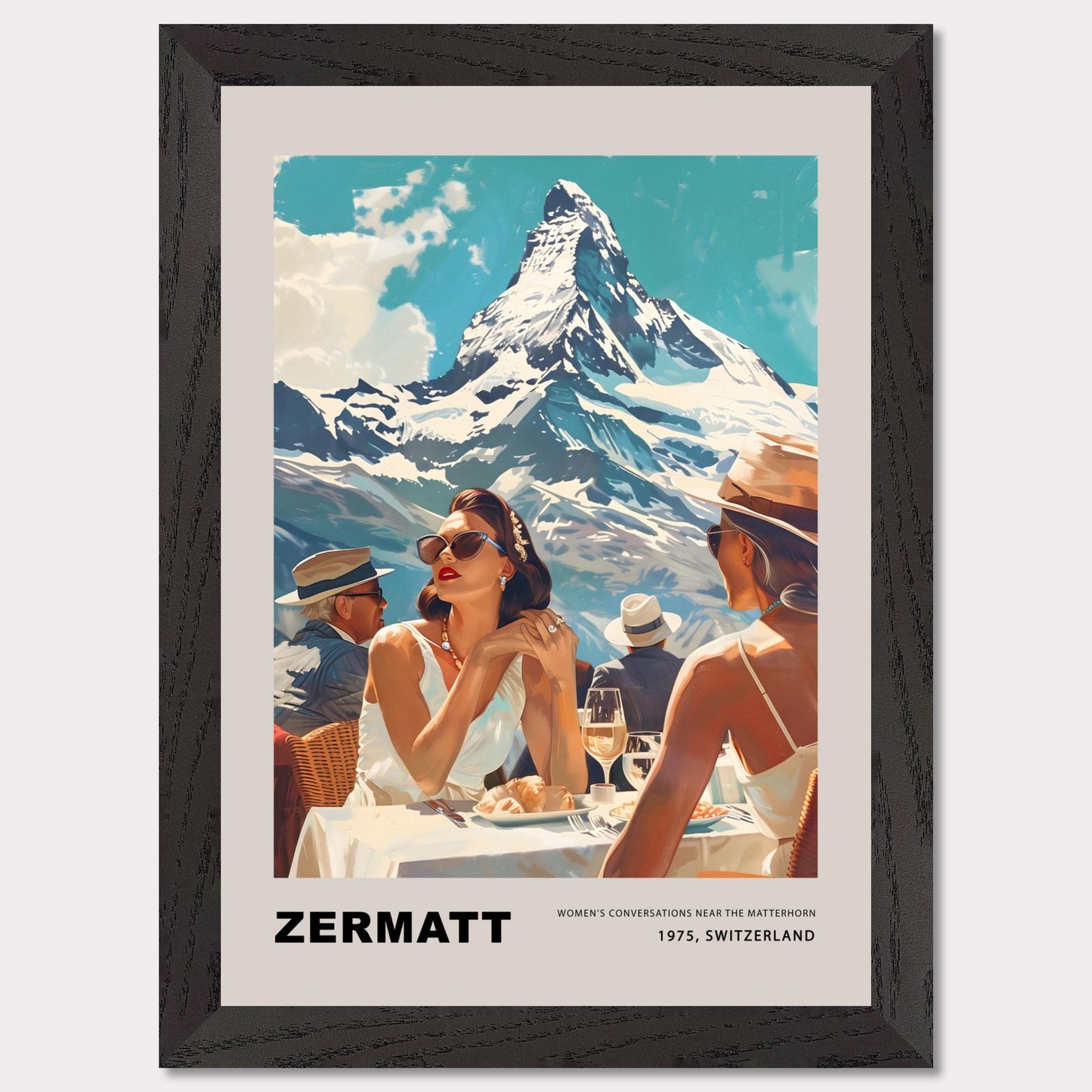 This poster showcases an elegant and nostalgic scene set in Zermatt, Switzerland, against the breathtaking backdrop of the Matterhorn. The image captures a sophisticated moment of leisure, where well-dressed individuals enjoy a luxurious outdoor meal, embodying the glamour of 1975.