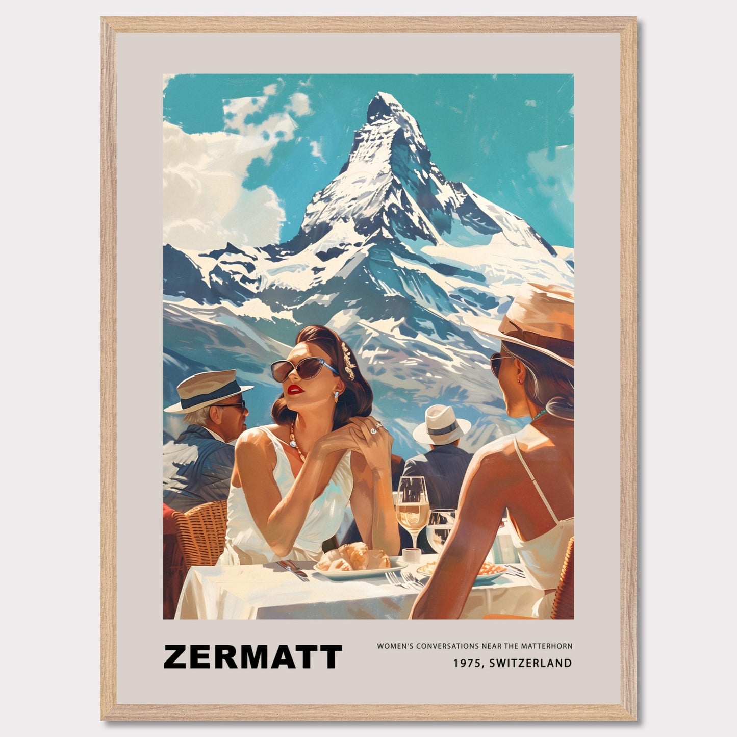 This poster showcases an elegant and nostalgic scene set in Zermatt, Switzerland, against the breathtaking backdrop of the Matterhorn. The image captures a sophisticated moment of leisure, where well-dressed individuals enjoy a luxurious outdoor meal, embodying the glamour of 1975.