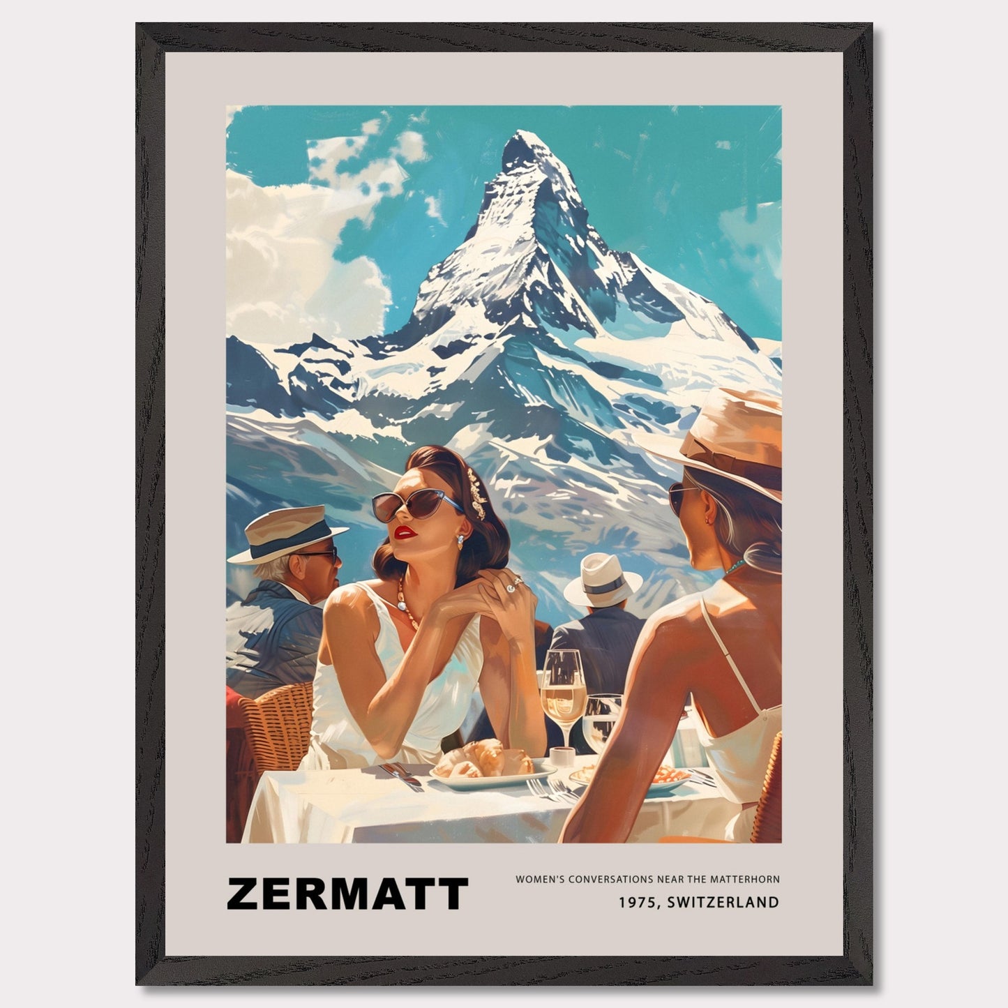 This poster showcases an elegant and nostalgic scene set in Zermatt, Switzerland, against the breathtaking backdrop of the Matterhorn. The image captures a sophisticated moment of leisure, where well-dressed individuals enjoy a luxurious outdoor meal, embodying the glamour of 1975.