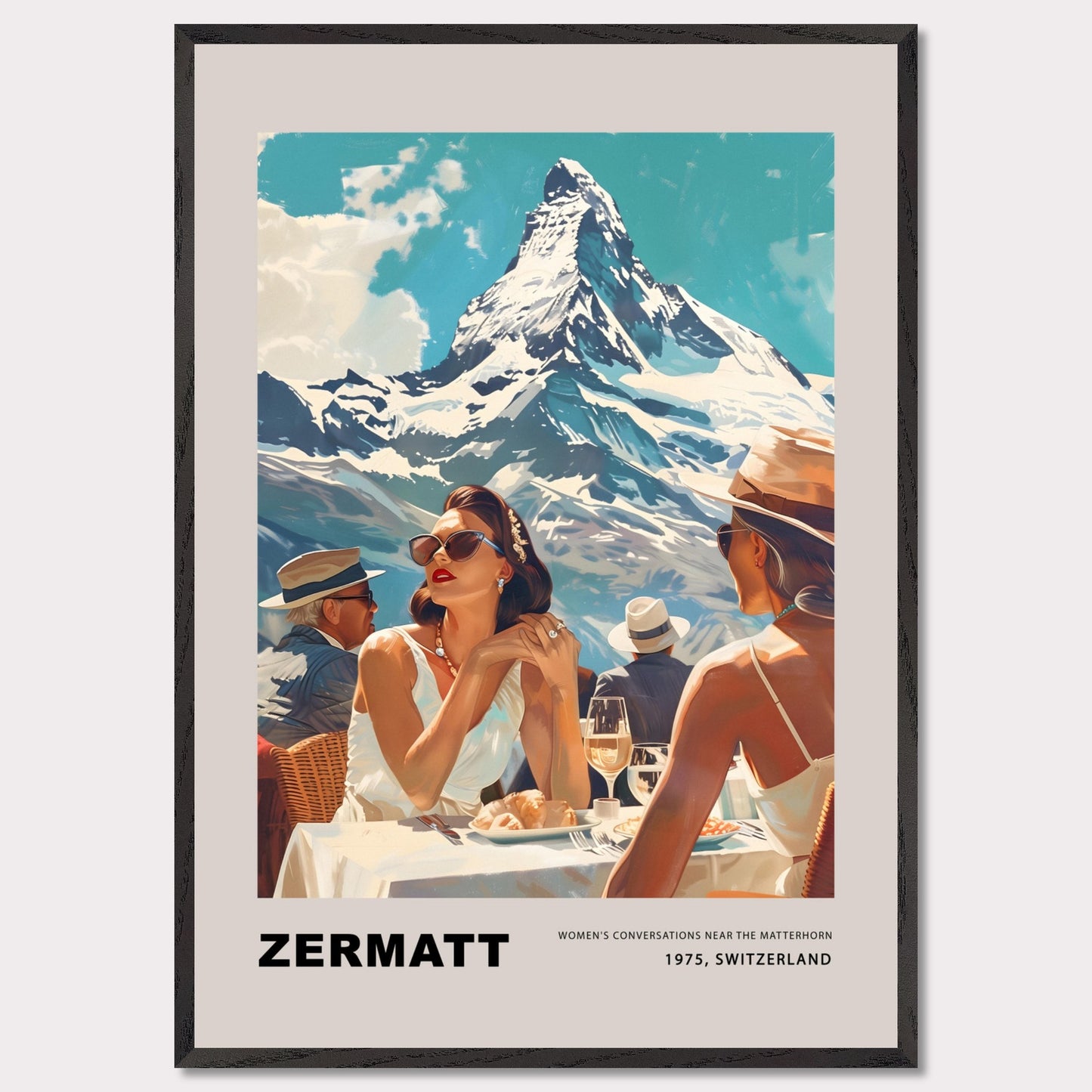 This poster showcases an elegant and nostalgic scene set in Zermatt, Switzerland, against the breathtaking backdrop of the Matterhorn. The image captures a sophisticated moment of leisure, where well-dressed individuals enjoy a luxurious outdoor meal, embodying the glamour of 1975.