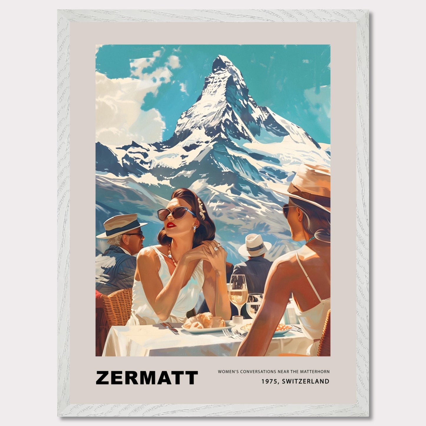 This poster showcases an elegant and nostalgic scene set in Zermatt, Switzerland, against the breathtaking backdrop of the Matterhorn. The image captures a sophisticated moment of leisure, where well-dressed individuals enjoy a luxurious outdoor meal, embodying the glamour of 1975.