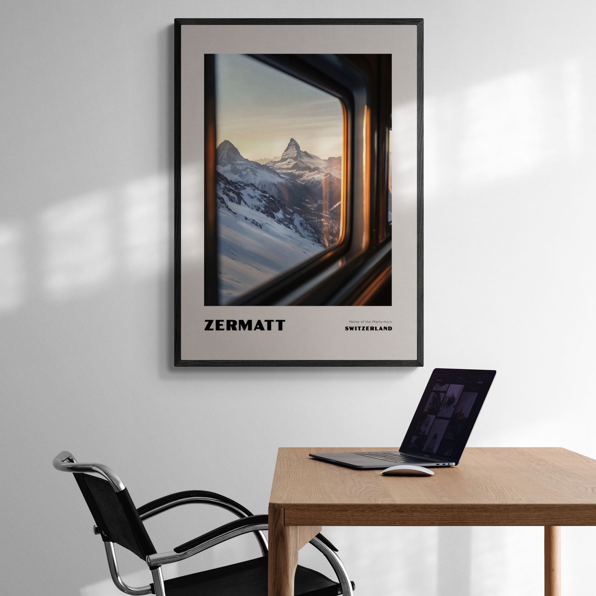 This poster features one of Switzerland’s most iconic symbols – the Matterhorn, proudly rising above the snowy slopes. The view from a train or gondola window creates a travel-like experience, while the soft sunset light adds an enchanting glow to the scenery.