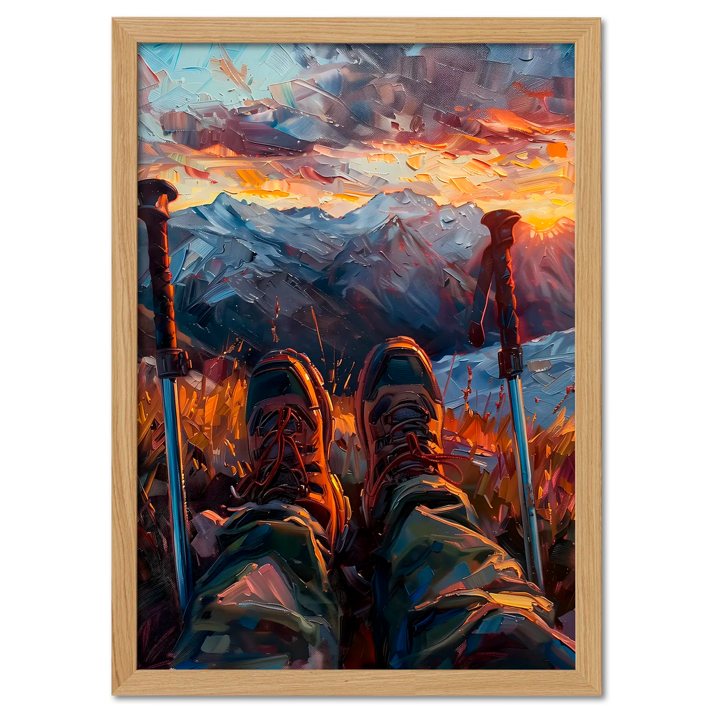 A Moment of Peace at the Summit - Poster featuring hiking boots and trekking poles at sunset on a mountain summit.