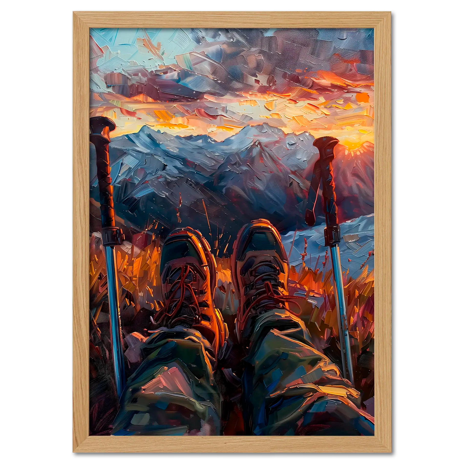 A Moment of Peace at the Summit - Poster featuring hiking boots and trekking poles at sunset on a mountain summit.