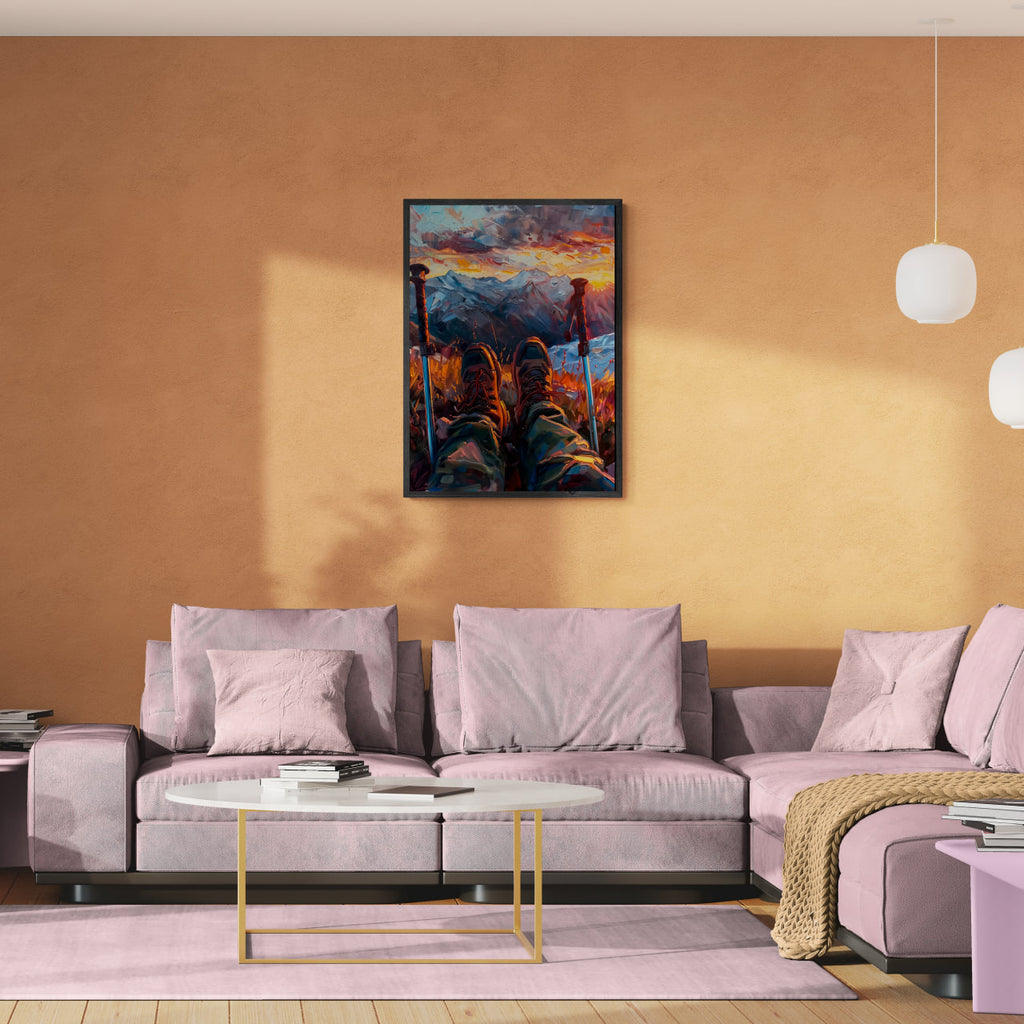 A Moment of Peace at the Summit - Poster displayed in a modern living room with pink furniture.