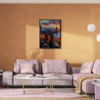 A Moment of Peace at the Summit - Poster displayed in a modern living room with pink furniture.