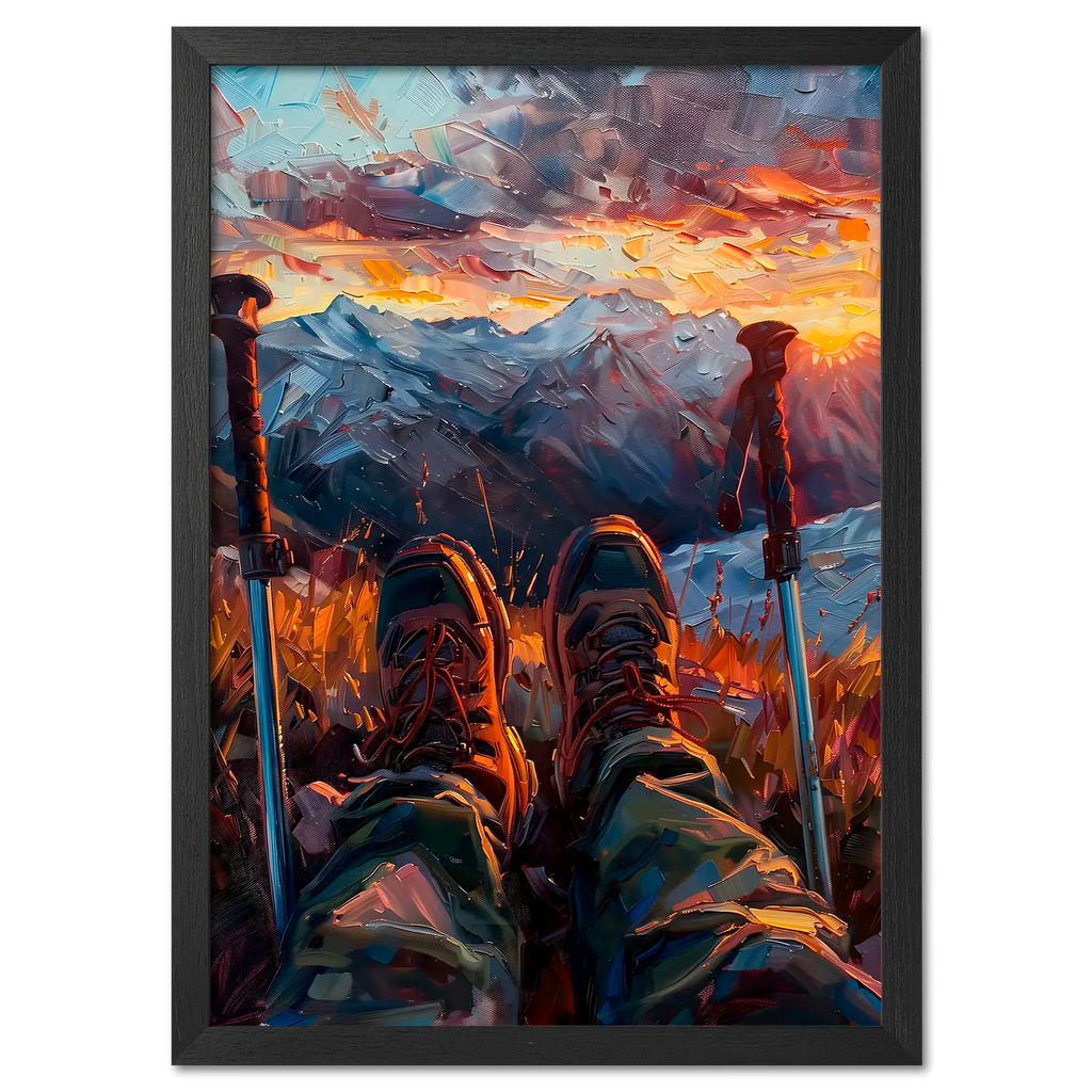 A Moment of Peace at the Summit - Poster depicting a hiker's boots and trekking poles against a sunset mountain view.