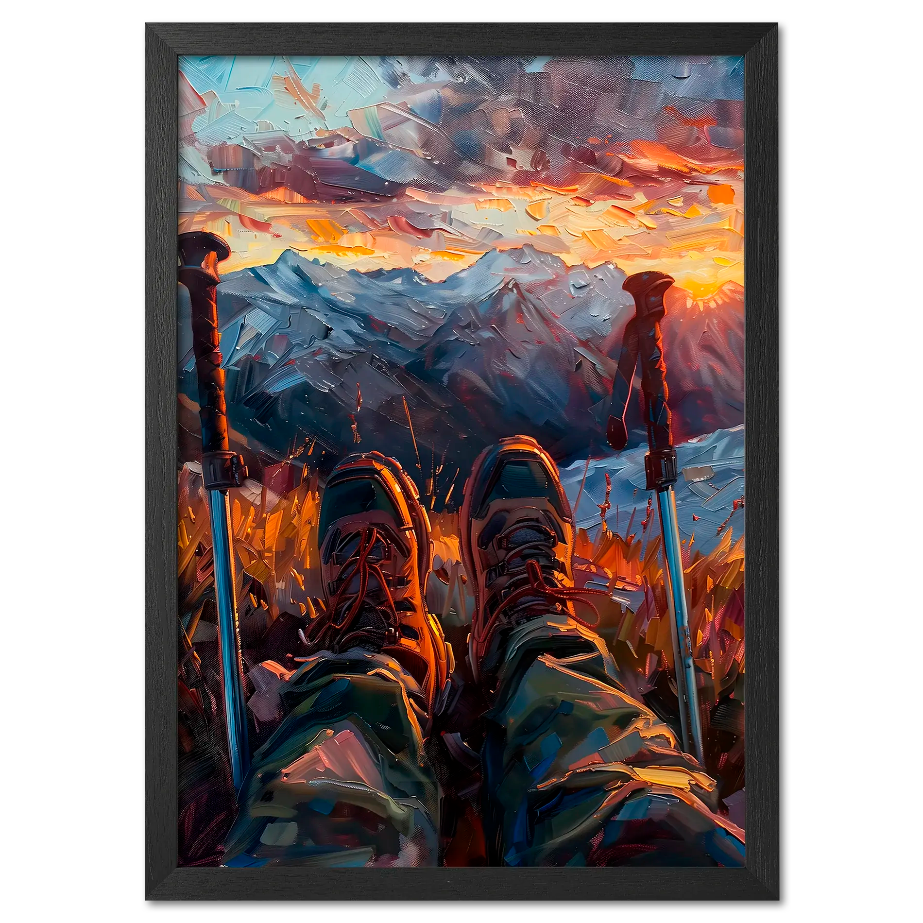 A Moment of Peace at the Summit - Poster depicting a hiker's boots and trekking poles against a sunset mountain view.