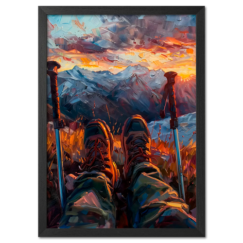 A Moment of Peace at the Summit - Poster depicting a hiker's boots and trekking poles against a sunset mountain view.
