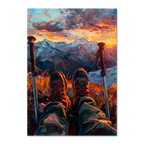 A Moment of Peace at the Summit - Poster showing hiker boots at sunset with mountains, creating a serene atmosphere.