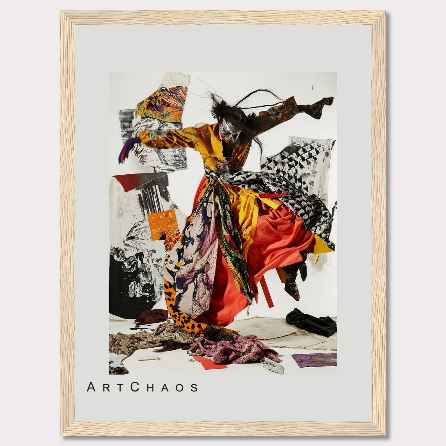 This captivating artwork features a dynamic figure in vibrant, flowing attire, seemingly caught in mid-motion. The background is a collage of abstract patterns and textures, adding depth and intrigue to the piece. The mix of bold colors and chaotic elements creates a sense of energy and movement.