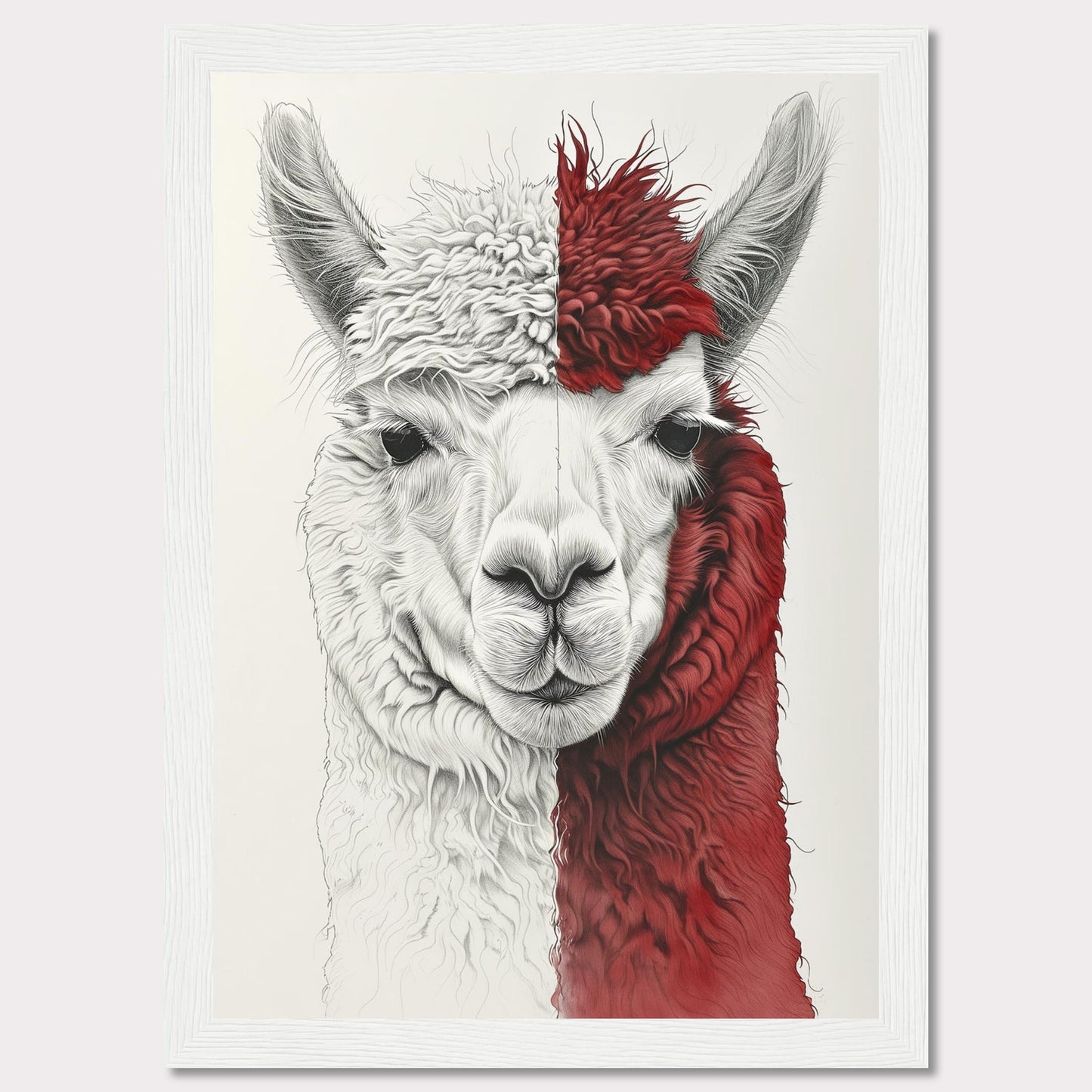 This striking artwork features a detailed illustration of an alpaca with a unique half-white, half-red fur pattern. The intricate lines and textures bring the alpaca's gentle expression to life, making it a captivating piece for any space.