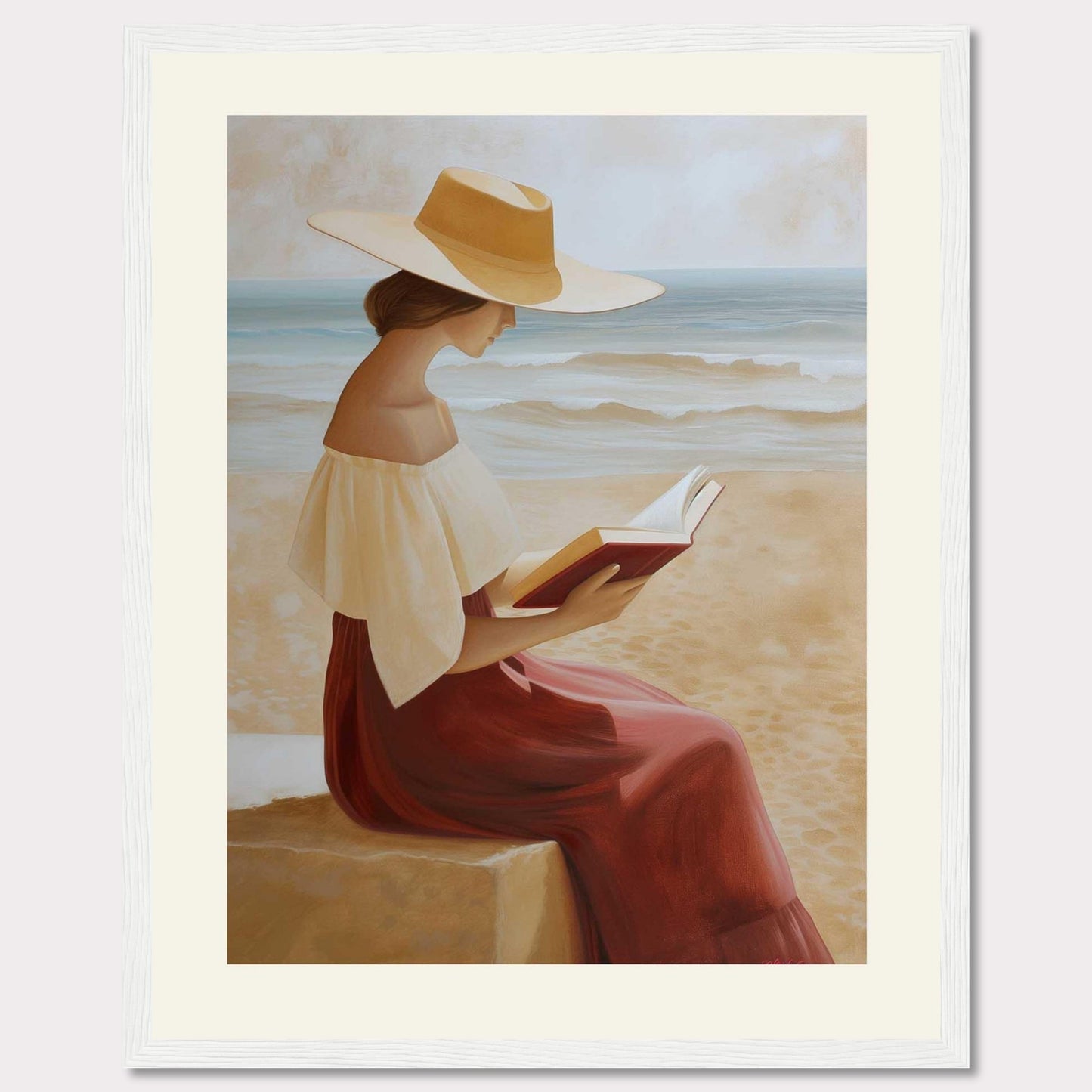 This serene painting depicts a woman sitting by the beach, engrossed in a book. She wears a wide-brimmed hat and a flowing dress, with the ocean waves gently rolling in the background.