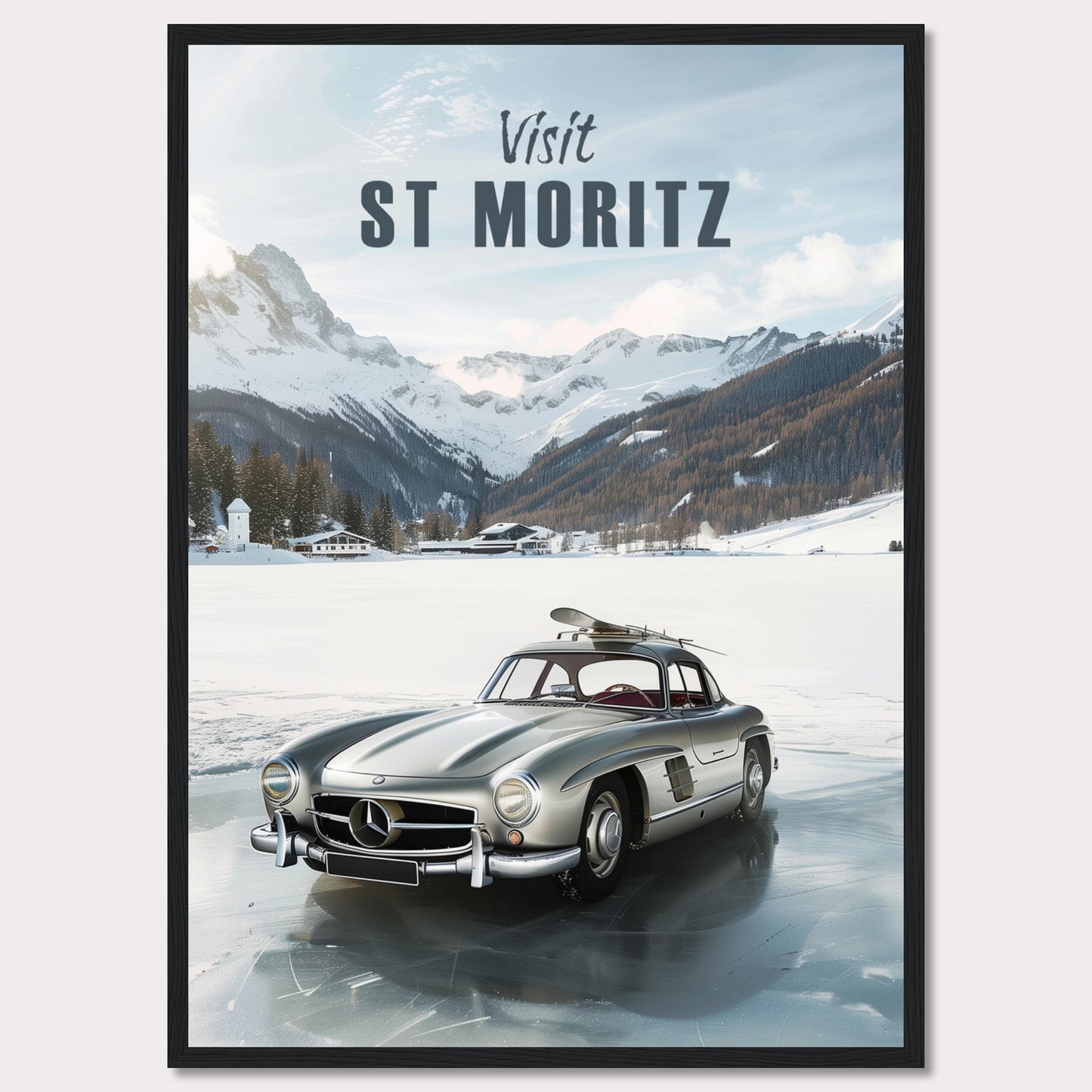 Discover the breathtaking beauty of St. Moritz with this stunning poster. Featuring a classic silver car parked on a frozen lake, surrounded by majestic snow-capped mountains and cozy alpine chalets.