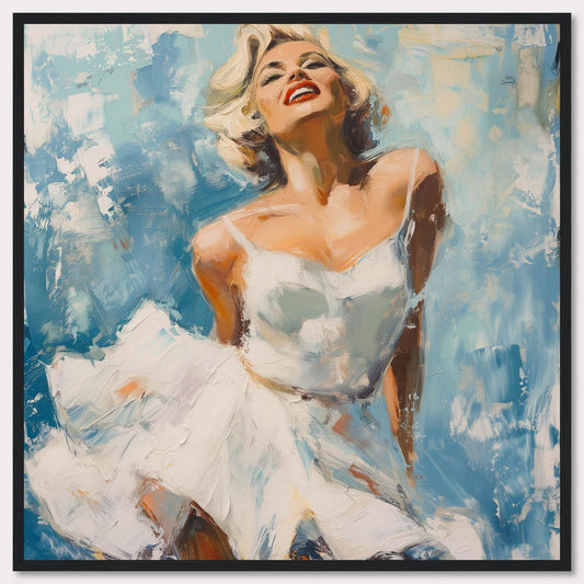 This vibrant painting captures the essence of joy and elegance, featuring a woman in a flowing white dress against a dynamic blue background. The bold brushstrokes and vivid colors evoke a sense of movement and freedom.