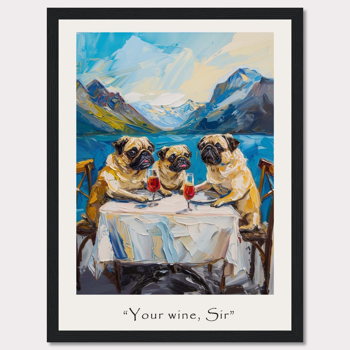 This whimsical painting depicts three pugs sitting at a table, each with a glass of red wine in front of them. The background showcases a stunning mountain landscape with a serene lake. The artwork is framed and includes the caption "Your wine, Sir" at the bottom.