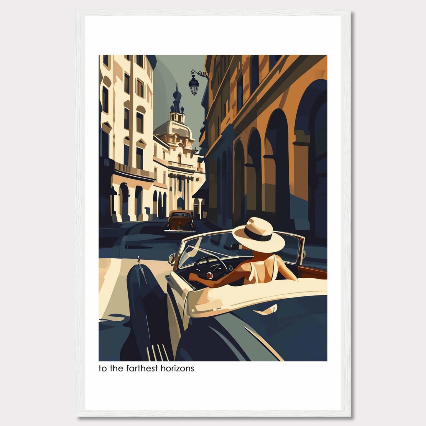 This captivating artwork depicts a stylish individual driving a vintage car through a charming, sunlit European street. The scene is filled with architectural beauty, showcasing classic buildings and a serene atmosphere.