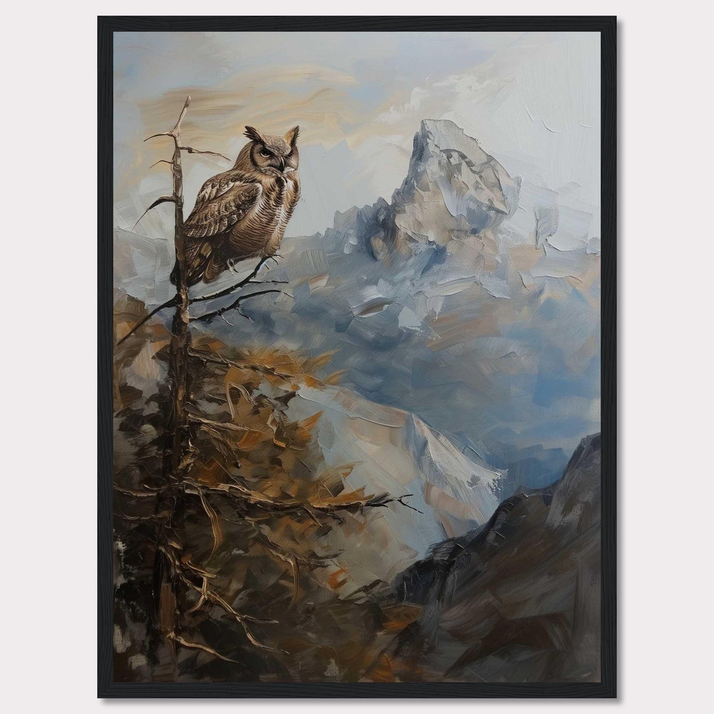 This captivating painting depicts a majestic owl perched on a branch, overlooking a rugged mountain landscape. The scene is rendered in rich, earthy tones and dynamic brushstrokes, capturing the serene yet powerful essence of nature.