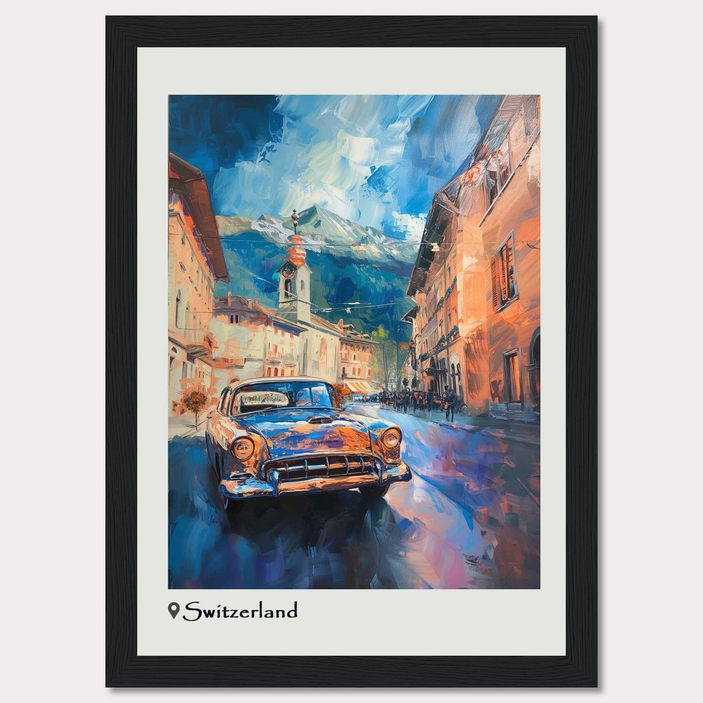 This vibrant painting captures the charm of a Swiss town with a classic car driving through its picturesque streets. The scene is set against a backdrop of majestic mountains under a dynamic sky.