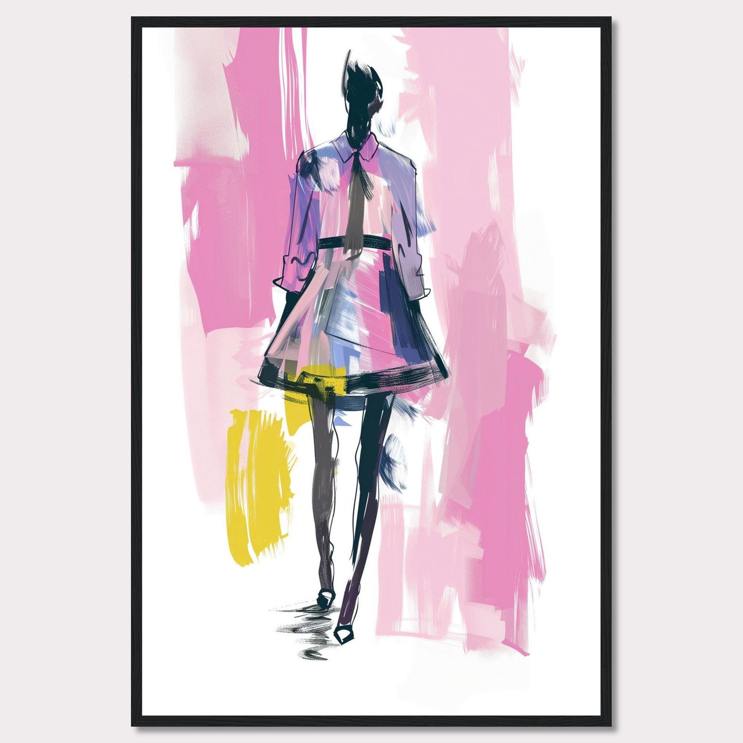 This image showcases a fashion illustration featuring a stylish figure in a vibrant dress. The artwork is characterized by bold brush strokes and a mix of colors, including pink, purple, yellow, and black. The figure exudes confidence, walking forward with purpose.