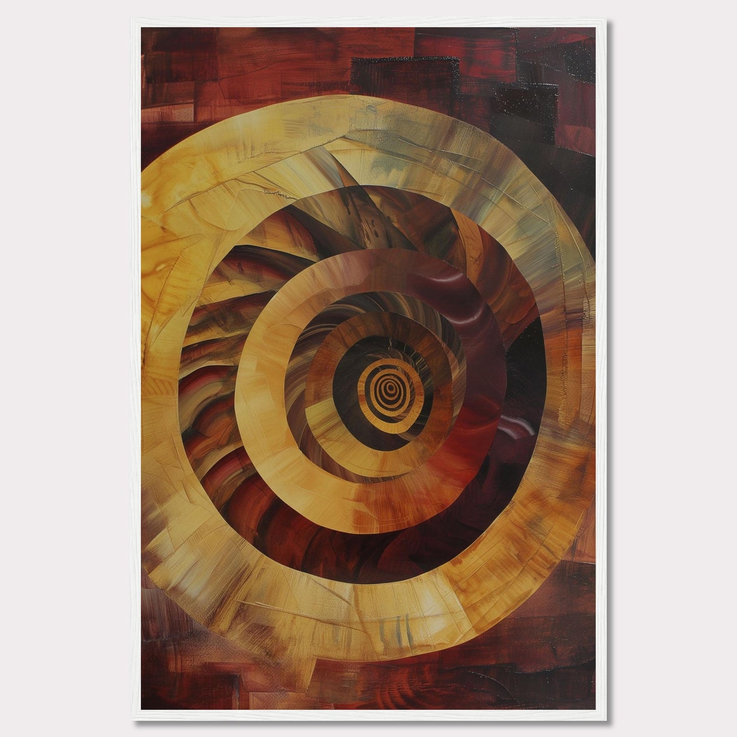 This captivating abstract painting features a mesmerizing spiral design, drawing the viewer into its depths. The artwork is dominated by warm tones of red, orange, and yellow, creating a sense of movement and energy.