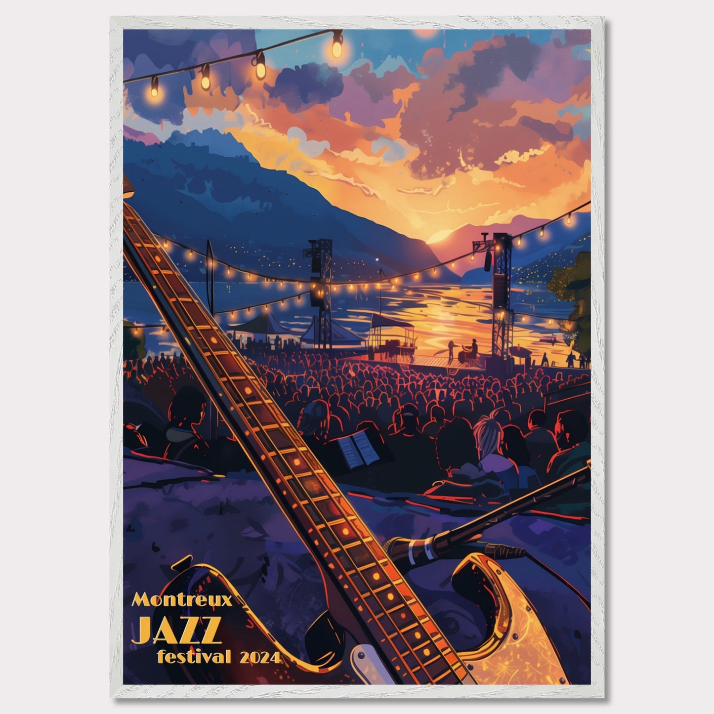 This vibrant poster captures the essence of the Montreux Jazz Festival 2024. Set against a breathtaking sunset over a serene lake, the scene is filled with an audience eagerly awaiting the performance. An electric guitar in the foreground hints at the musical magic to come, while string lights add a festive ambiance.