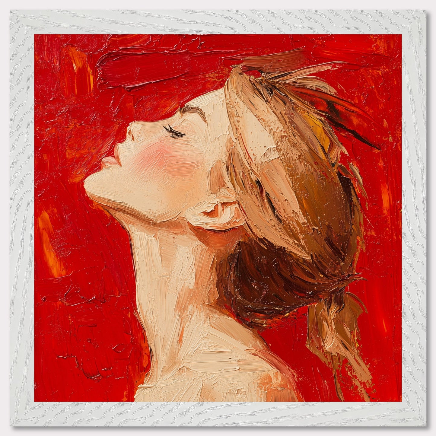 This is an illustration of a woman with her head tilted back and eyes closed, set against a vibrant red background. The artwork is characterized by thick, textured brushstrokes that give it a dynamic and expressive quality.