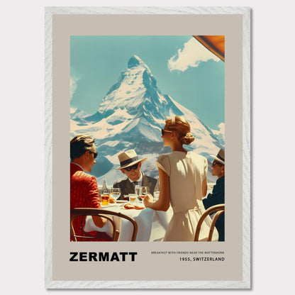 Experience the charm of Zermatt with this vintage poster featuring a group of friends enjoying breakfast against the stunning backdrop of the Matterhorn. This nostalgic scene from 1975, Switzerland, captures the essence of leisurely mornings and breathtaking mountain views.