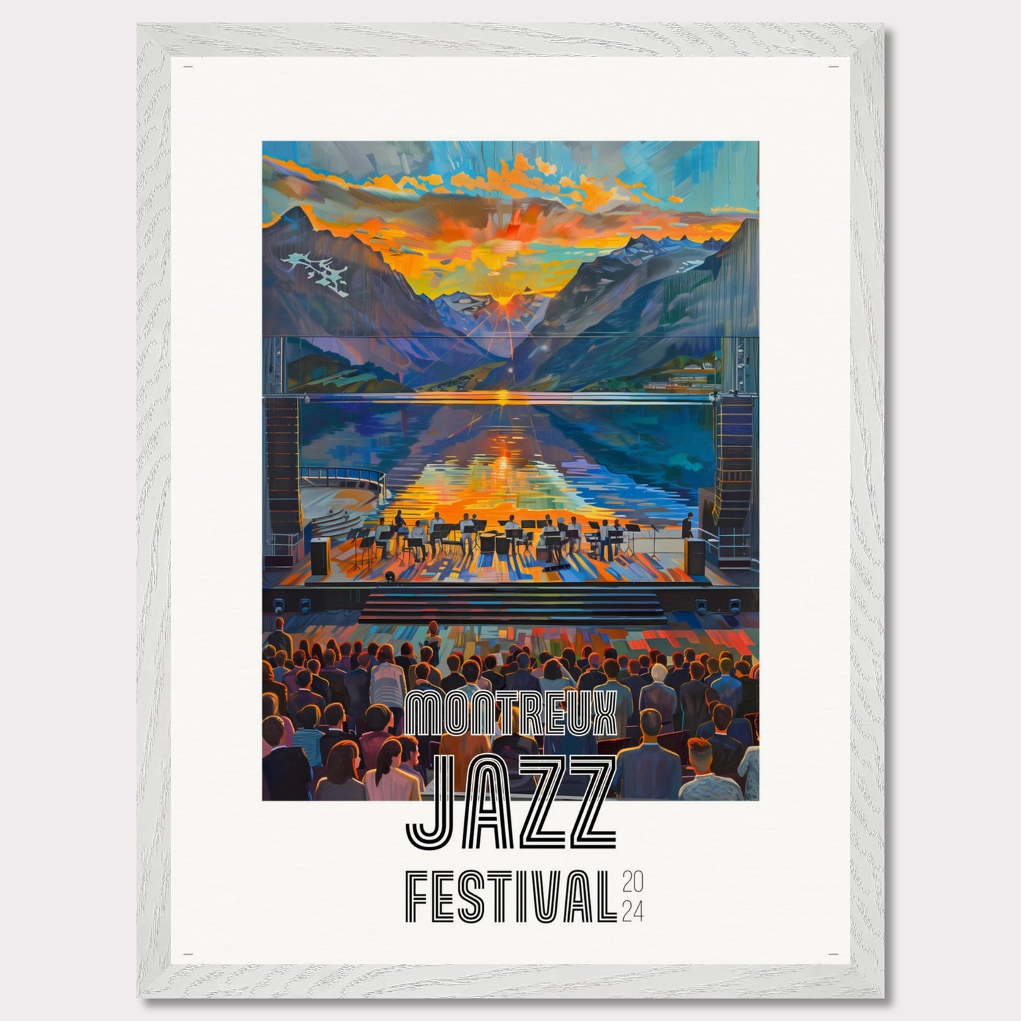 This vibrant poster showcases the Montreux Jazz Festival 2024. The image captures a stunning sunset over a serene lake surrounded by mountains, with a jazz band performing on an outdoor stage. The audience is depicted enjoying the music, creating a lively and engaging atmosphere.