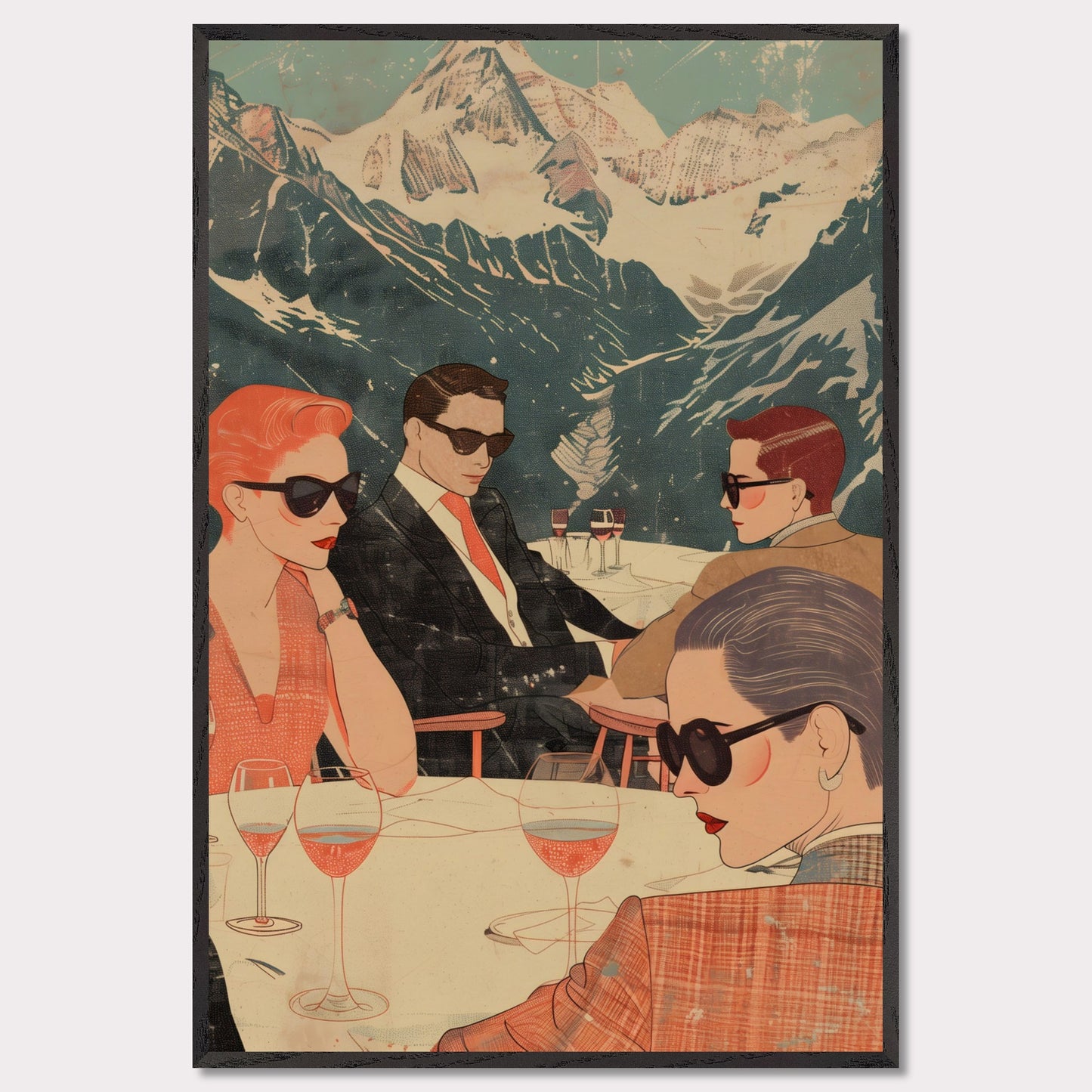 This captivating illustration depicts a stylish group of individuals enjoying a sophisticated gathering with a stunning mountain backdrop.