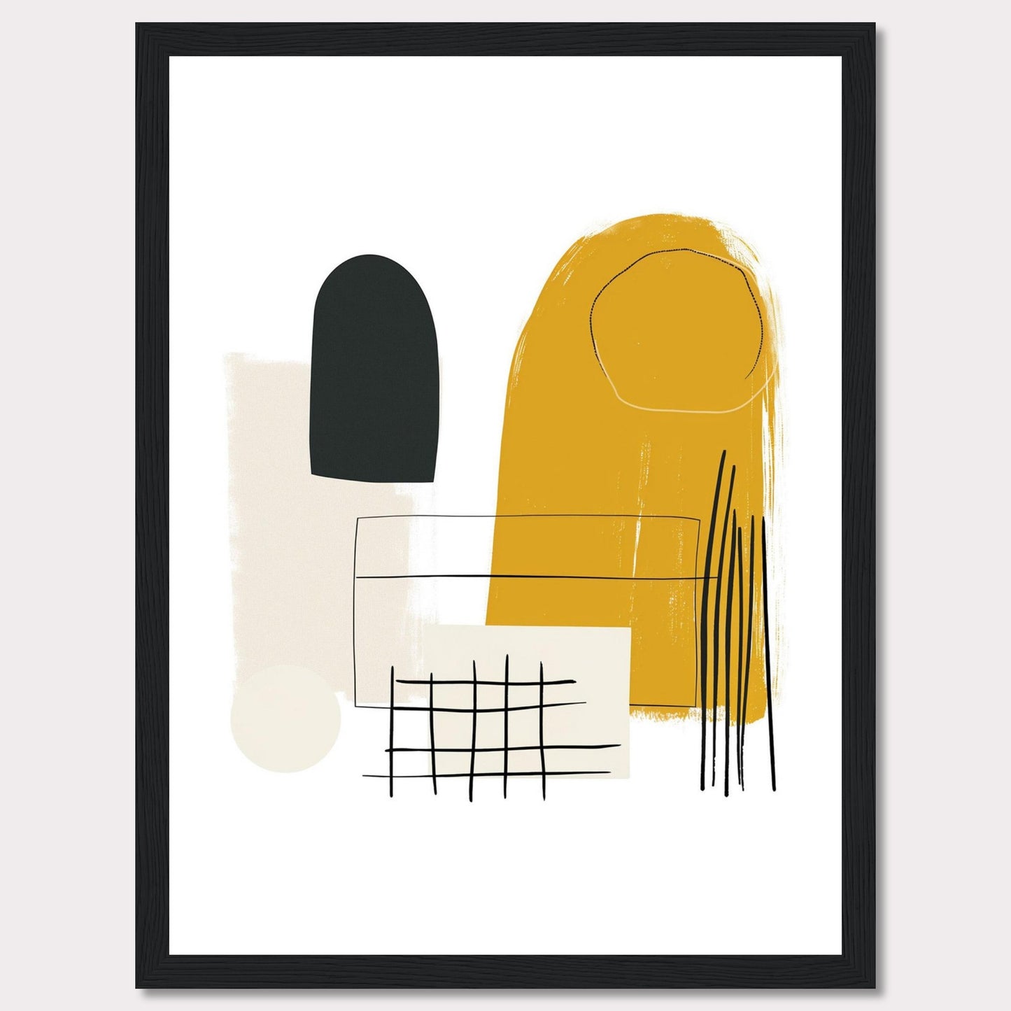 This image showcases a modern abstract art print featuring a combination of geometric shapes and lines in a minimalist style. The artwork includes a prominent mustard yellow shape, a black oval form, a beige rectangle, a grid pattern, and several vertical lines.